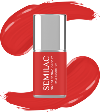 Czerwony lakier hybrydowy Semilac One Step 3w1 Glossy Scarlet, widok z przodu butelki z srebrną zakrętką.