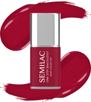 Semilac One Step 3in1 Glossy Dark Red, butelka ciemnoczerwonego lakieru hybrydowego na tle błyszczących smug.