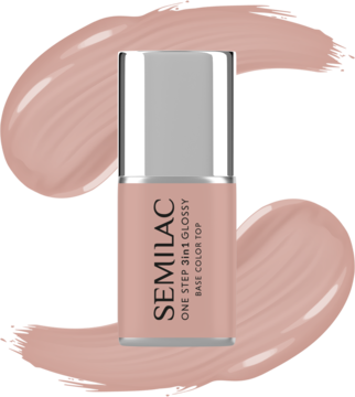 Semilac One Step Glossy French Beige, lakier hybrydowy 3w1 w beżowym odcieniu, widok z przodu na tle rozlanego produktu.