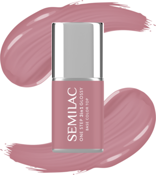 Semilac One Step Glossy Earth Pink, lakier hybrydowy 3w1. Różowa butelka ze srebrną nakrętką, na tle swatche'a.