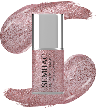 Semilac One Step Glitter Pink, brokatowy lakier hybrydowy 3w1, w butelce na tle błyszczącego swatcha w odcieniu różowego złota.