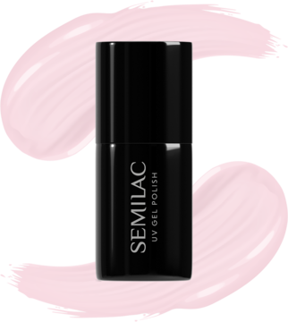 Czarna butelka Semilac UV Gel Polish Pastel Pink, delikatny mleczny róż, widok z przodu na różowym tle.