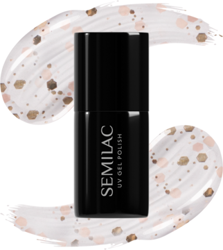 Semilac Princess Drops UV Gel Polish w czarnej butelce, otoczonej różowo-złotymi brokatowymi drobinkami.