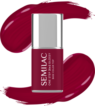 Semilac One Step 3in1 Glossy Dark Raspberry lakier hybrydowy, srebrno-malinowa butelka na błyszczącym tle.