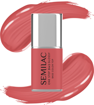 Semilac One Step Glossy, koralowy lakier hybrydowy 3w1 w butelce ze srebrną nakrętką, na tle smugi koloru.