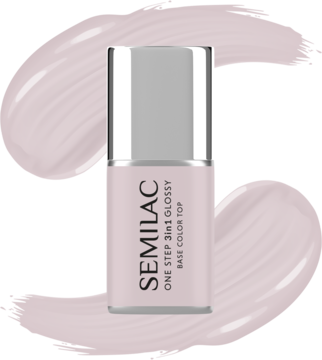Semilac One Step 3in1 Glossy lakier hybrydowy Barely Pink, butelka z srebrną nakrętką, widok z przodu na różowym tle.