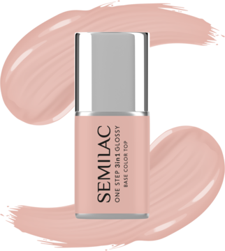 Semilac One Step 3in1 Glossy Light Peach, brzoskwiniowo-beżowy lakier hybrydowy, butelka z przodu na tle smugi lakieru.