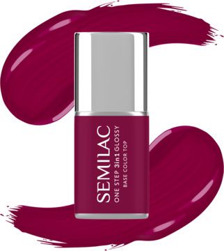 Semilac One Step 3in1 Glossy lakier hybrydowy w odcieniu Plum Wine, butelka, widok z przodu, na tle smug koloru.