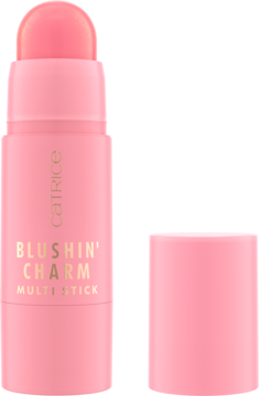 Catrice Blushin' Charm Multi Stick w pastelowym różu, z odkręconą zakrętką obok, widok z przodu.