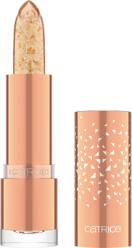 Catrice Glam in Gold Glow, pH-zmieniający balsam do ust. Otwarta tubka różowo-złota, sztyft z brokatem, obok wieczko.