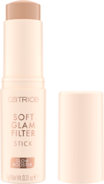 Catrice Soft Glam Filter Stick, jasny podkład glow booster w sztyfcie z ciepłymi podtonami, obok nakrętka.
