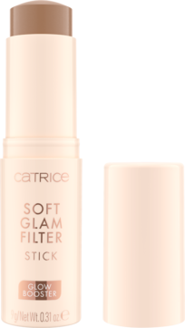 Catrice Soft Glam Filter Stick, rozświetlający podkład-sztyft "Glow Booster" w średnim odcieniu. Beżowa tuba z nakrętką obok.