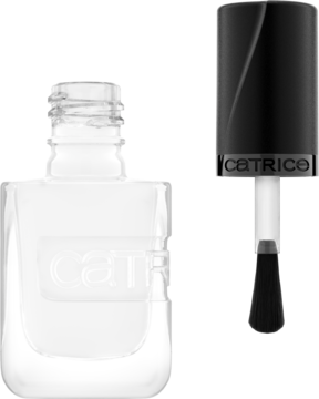 Przezroczysta butelka lakieru Catrice Gel Affair Ibiza Feeling, z aplikatorem obok, widok z przodu.