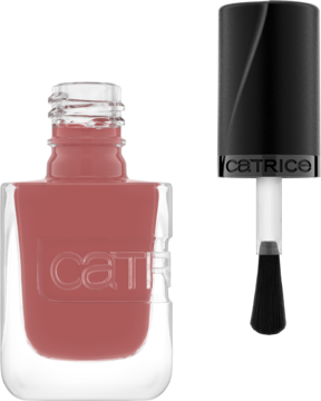 Otwarty lakier Catrice Gel Affair Rosywood Hills w szklanej butelce z logo, obok pędzelek.