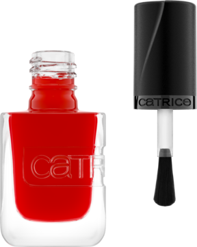 Otwarty flakon czerwonego żelowego lakieru Catrice Gel Affair Vive l'Amour, z aplikatorem obok, widok z przodu.