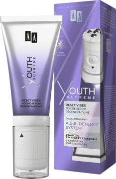 AA Youth Supreme Reset Vibes nocne serum regeneracyjne w białej tubce z fioletowymi detalami i pudełkiem, widok przód-bok.