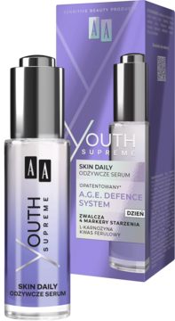 AA Youth Supreme Skin Daily Odżywcze Serum na dzień z A.G.E. Defence System, butelka obok fioletowego pudełka.