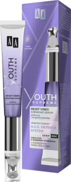 Fioletowe serum pod oczy AA Youth Supreme Reset Vibes z aplikatorem, obok pasujące pudełko. L-karnityna, kwas ferulowy.
