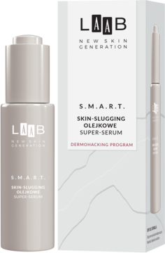 AA LAAB S.M.A.R.T. Skin-Slugging olejkowe super-serum do twarzy w beżowej butelce i pudełku, widok z przodu.