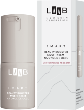 Krem pod oczy AA LAAB S.M.A.R.T. Beauty Booster w beżowej butelce airless i białym pudełku, widok z przodu.