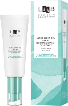 LAAB Ultra-Light Gel SPF 50 Normalizująco-Ochronny, biała tubka z pompką obok pudełka, turkusowe logo.