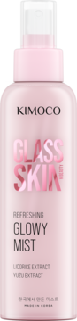 Różowa butelka Kimoco Glass Skin Odświeżająca Glowy Mist z ekstraktem z lukrecji i yuzu, widok z przodu.