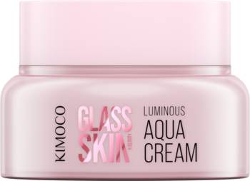 Kimoco Glass Skin Luminous Aqua Cream, różowy, błyszczący słoiczek, widok z przodu z odblaskowymi napisami.