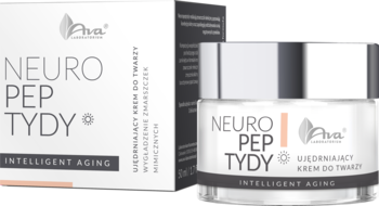 Krem ujędrniający Ava Neuropeptydy Intelligent Aging w białym słoiku ze srebrną pokrywką i białym pudełku, z przodu.