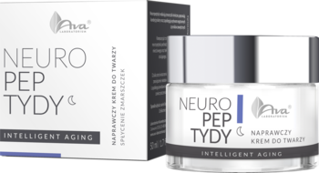 Ava Neuro Pep Tydy krem na noc: białe opakowanie kartonowe i słoik z neuropeptydami, srebrna nakrętka.