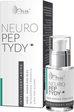 Ava Neuro Peptydy krem-maska pod oczy w białej butelce z pompką, obok pudełka, widok pod kątem, redukuje zmarszczki i cienie.