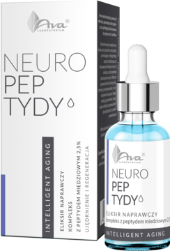 Serum Ava Neuro Peptydy Intelligent Aging w niebieskiej butelce z pipetą obok opakowania, widok z przodu.
