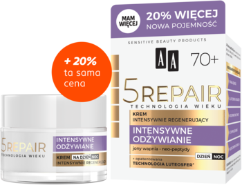AA 5 Repair krem regenerujący 70+ w białym słoiczku i fioletowym opakowaniu, z promocją +20% więcej.