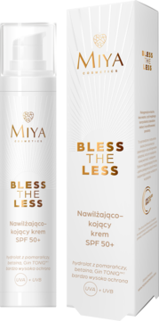 Miya Bless The Less, krem SPF 50+ do twarzy, w białej butelce z pompką i kartoniku, widok z przodu pod kątem.