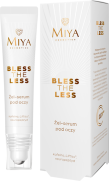 Miya Bless The Less Żel-serum pod oczy z kofeiną i neuropeptydem, biała tubka z aplikatorem obok pudełka.