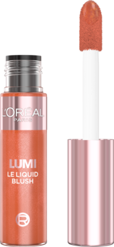 L'Oréal Paris Lumi Le Liquid Blush Warm Peach, butelka z wyjętym aplikatorem z produktem, widok z przodu.