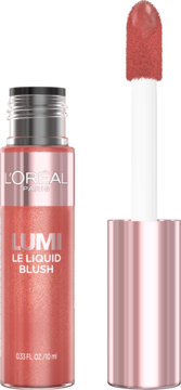 L'Oréal Paris Lumi Le Liquid Blush, koralowy odcień, butelka z wyjętym aplikatorem, promienne wykończenie.