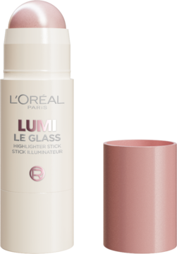 L'Oréal Paris Lumi Le Glass Highlighter Stick, różowy rozświetlacz w sztyfcie, białe opakowanie, otwarta różowa skuwka leży obok.