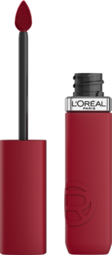 Czerwona matowa pomadka L'Oréal Paris Infaillible Le Rouge Paris w płynie, z wyciągniętym aplikatorem.
