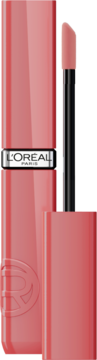 Otwarta różana pomadka w płynie L'Oréal Infaillible Le Nu Rose, z widocznym aplikatorem i srebrnym logo L'Oréal Paris.