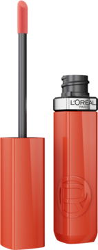 Błyszcząca pomadka w płynie L'Oréal Paris Infaillible Laque Resistance, koralowa, otwarta z aplikatorem, logo.