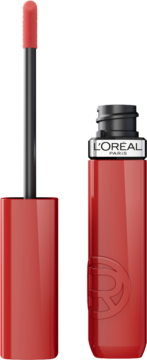 Błyszcząca czerwono-koralowa pomadka L'Oréal Paris Infaillible Laque Resistance, otwarta z aplikatorem.