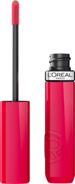 Fuksjowa błyszcząca pomadka w płynie L'Oréal Paris Infaillible Laque Resistance Pink Oulala, aplikator obok.