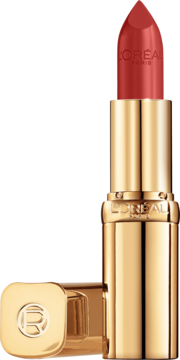 Czerwona pomadka L'Oréal Paris w złotym opakowaniu z wysuniętym sztyftem, obok leży skuwka z logo R.