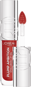 L'Oréal Plump Ambition Hyaluron Lip Oil, czerwony, z otwartą srebrną zatyczką i aplikatorem.