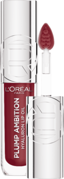 L'Oréal Paris Plump Ambition Hyaluron Lip Oil w przezroczystej butelce z bordowym olejkiem, widok z przodu z wyciągniętym aplikatorem.