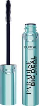 Tusz L'Oréal Paradise Big Deal Waterproof, turkusowa tubka, wyciągnięta czarna silikonowa szczoteczka.