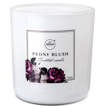 Świeca zapachowa Aroma Home "Peony Blush" w białym szkle, widok z przodu, etykieta z kwiatami piwonii.