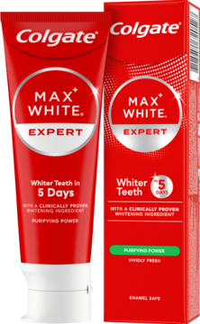 Czerwona pasta Colgate Max White Expert w tubie i kartoniku, z napisem 'Whiter Teeth in 5 Days', widok z przodu.