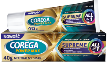 Dwie tubki kremu Corega Power Max Supreme All in 1 40g neutralny smak, złoto-turkusowe opakowanie, widok z przodu.