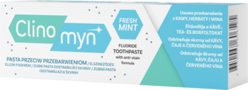 Clinomyn Fresh Mint, wybielająca pasta na przebarwienia z fluorkiem, biało-turkusowa tubka, widok z przodu.